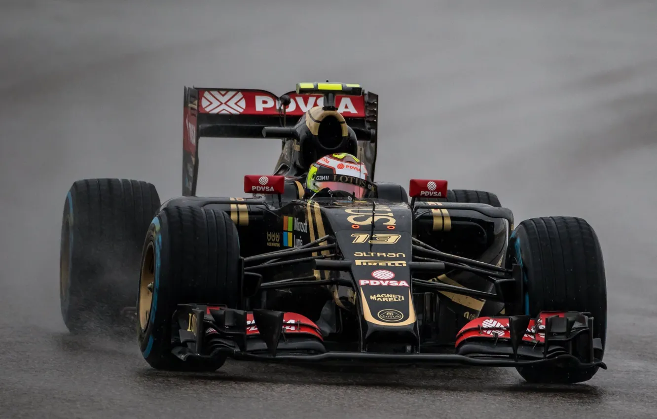 Фото обои Lotus, Black, Water, Rain, Передок, Pastor Maldonado, E23, Сыро