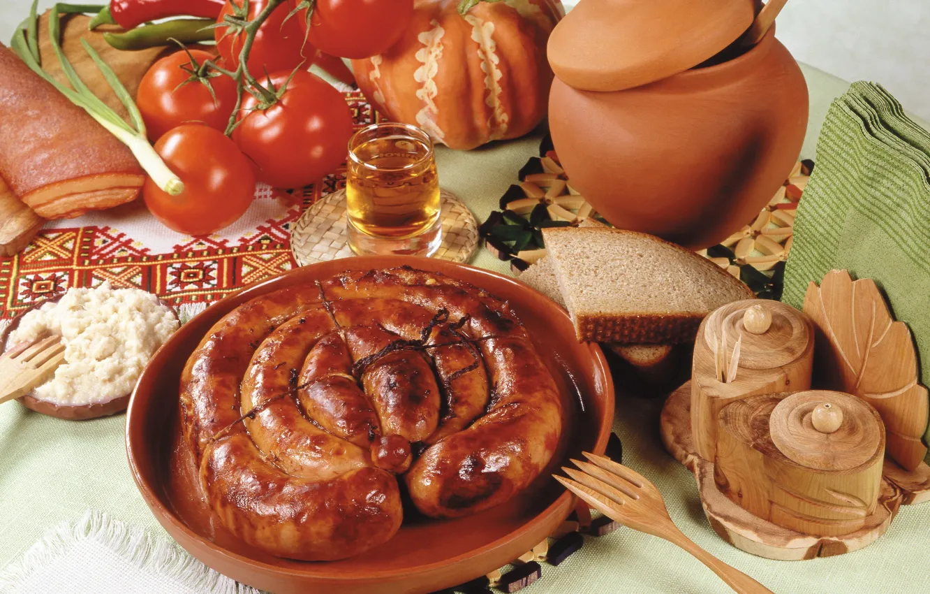 Фото обои сосиски, хлеб, тыква, перец, овощи, помидоры, bread, горшочек