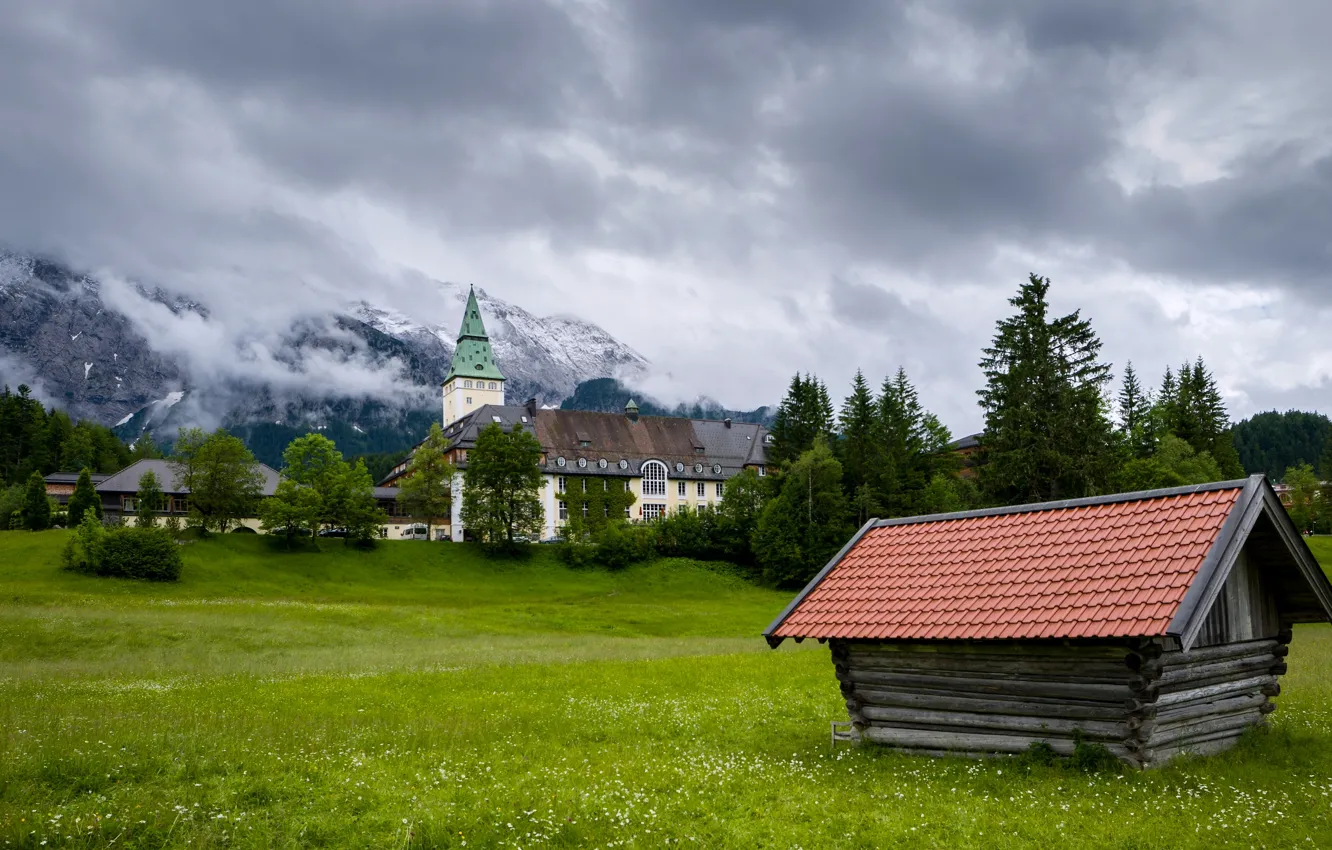 Фото обои горы, замок, Германия, Бавария, луг, домик, отель, Germany
