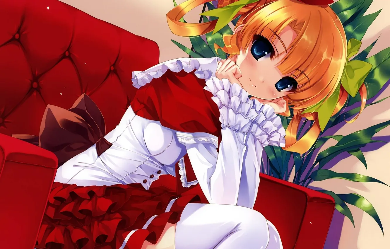 Фото обои девушка, красный, диван, арт, сидя, kuroya shinobu