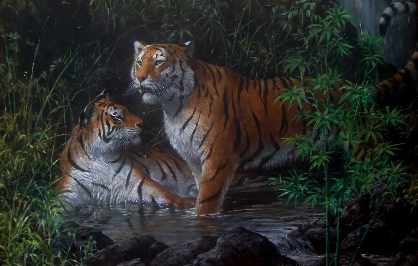 Фото обои вода, кошки, ночь, рисунок, хищники, картина, бамбук, арт