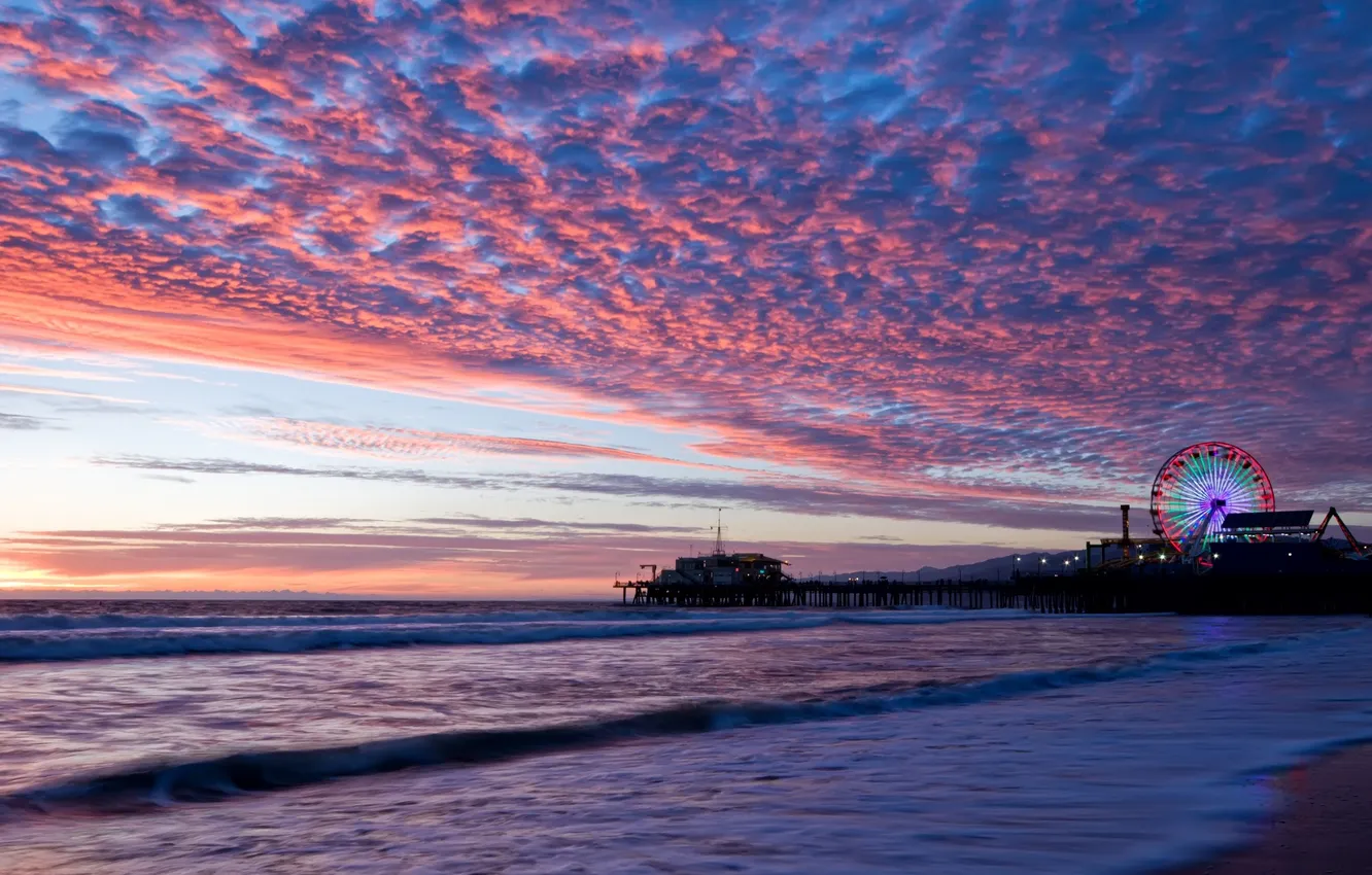 Фото обои море, небо, закат, побережье, вечер, горизонт, пирс, США
