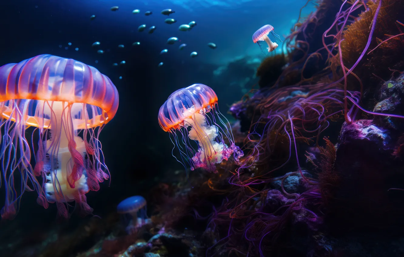 Фото обои Nature, Underwater, Ocean, Surreal, AI art, Coral reef, Jellyfishes