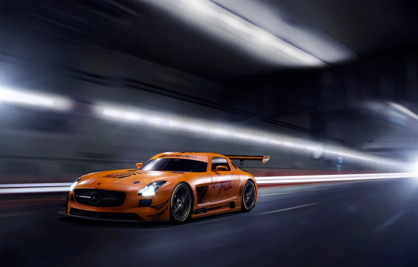 Фото обои оранжевый, Mercedes-Benz, тоннель, AMG, SLS, GT3, orange, мерседес бенц
