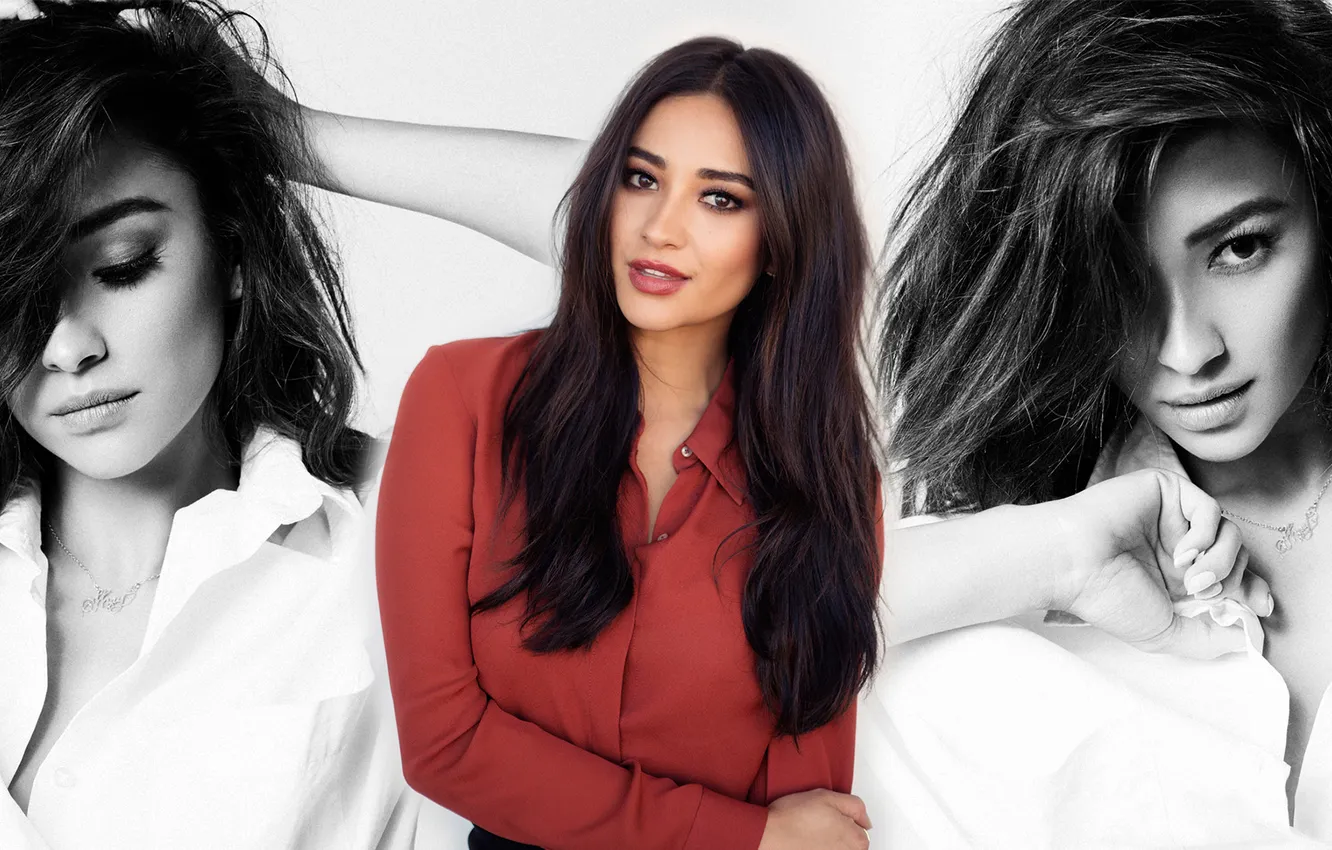 Фото обои девушка, коллаж, брюнетка, рубашка, Shay Mitchell