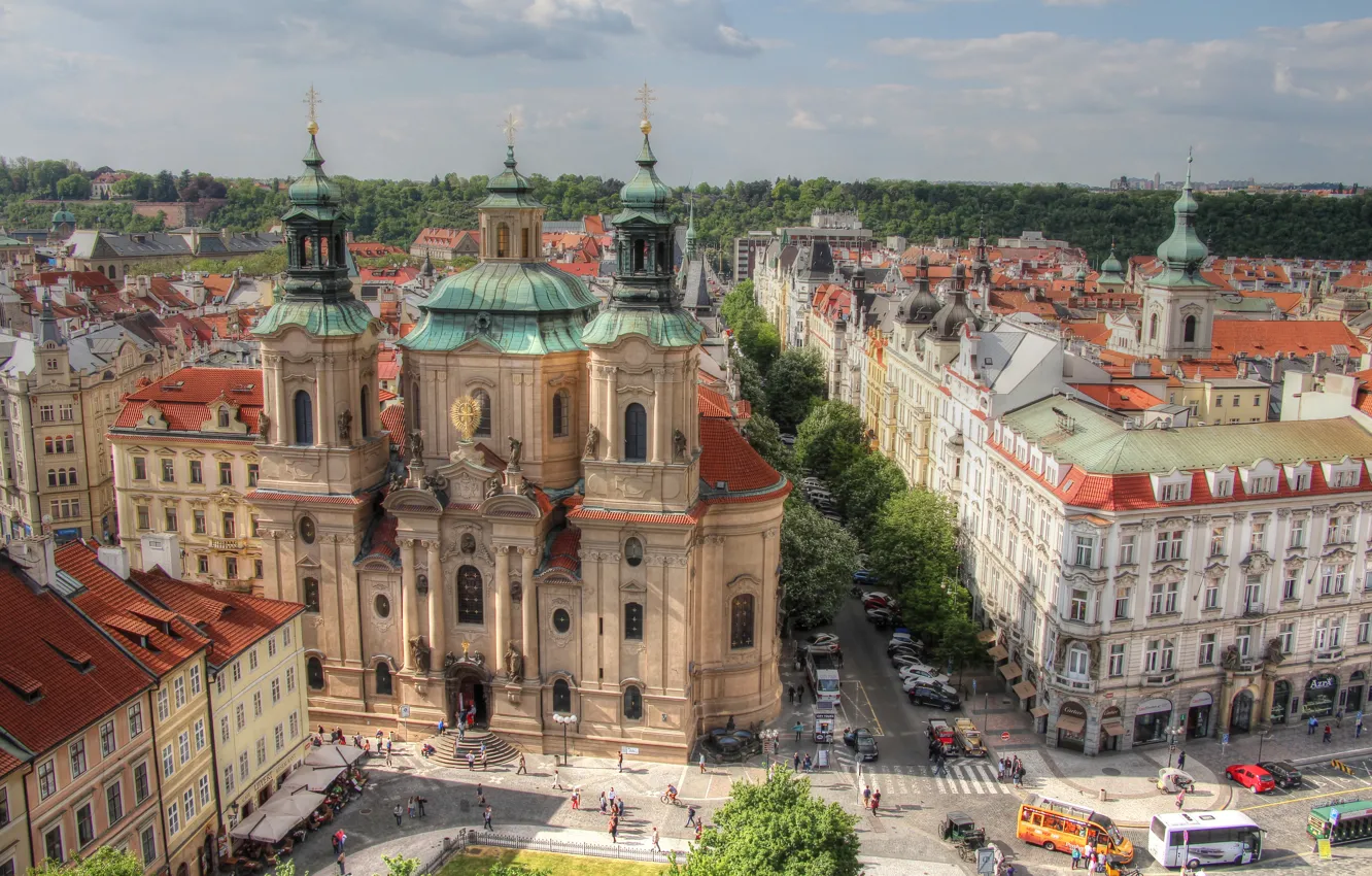Фото обои улица, здания, дома, Прага, Чехия, церковь, храм, Prague