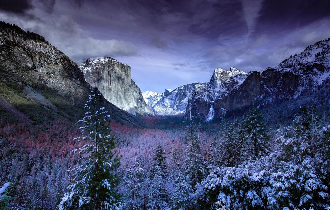Фото обои зима, облака, снег, деревья, пейзаж, горы, природа, США