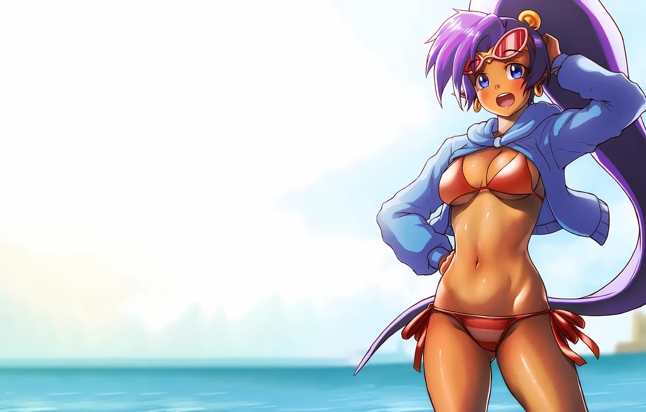 Фото обои girl, sexy, cleavage, beach, long hair, sea, boobs, anime