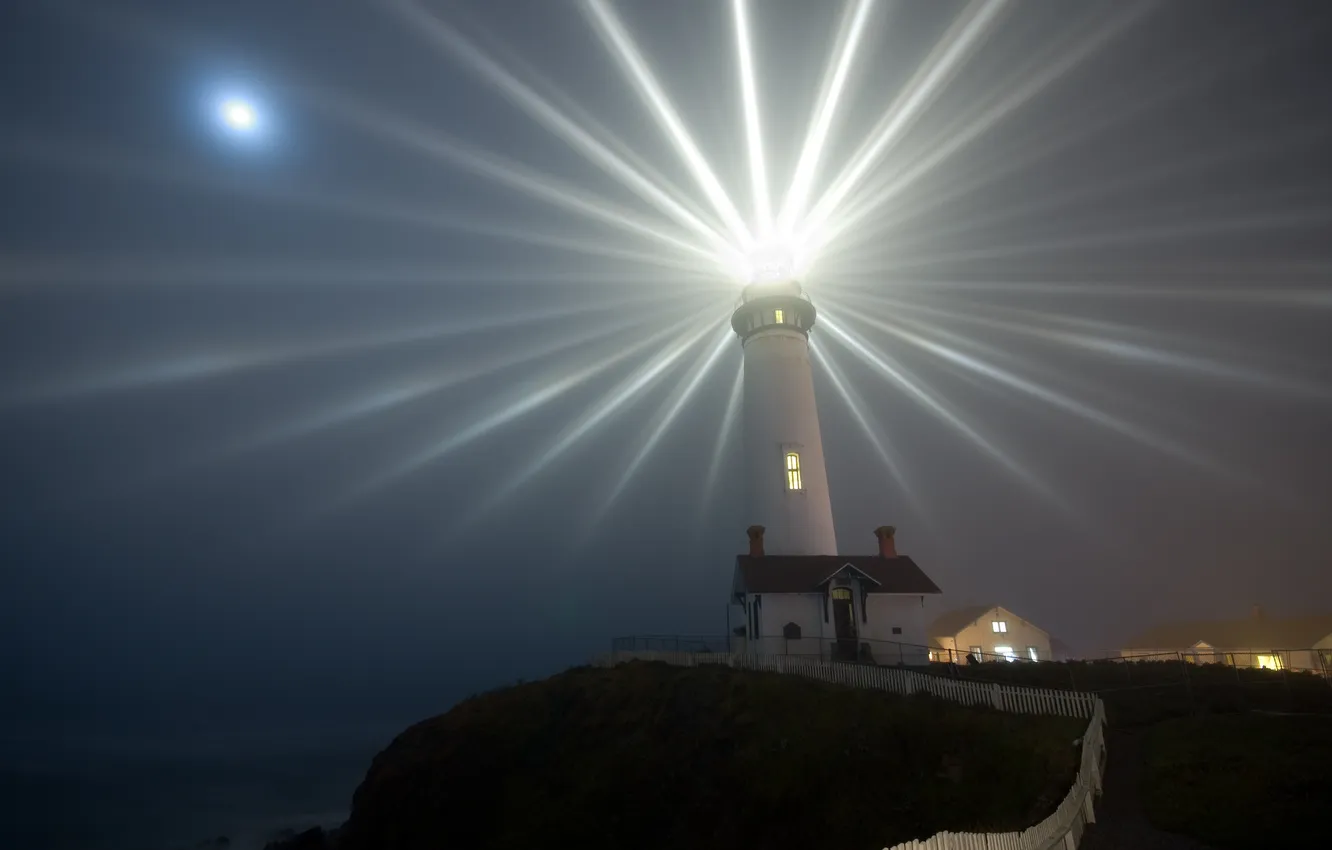 Фото обои лучи, свет, ночь, побережье, маяк