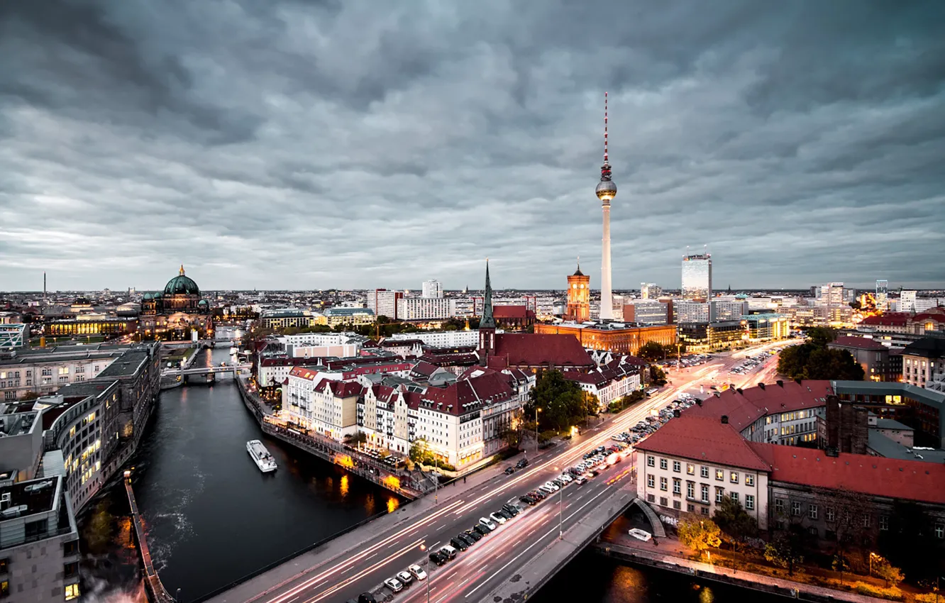 Фото обои lights, twilight, river, bridge, Germany, dusk, traffic, Berlin