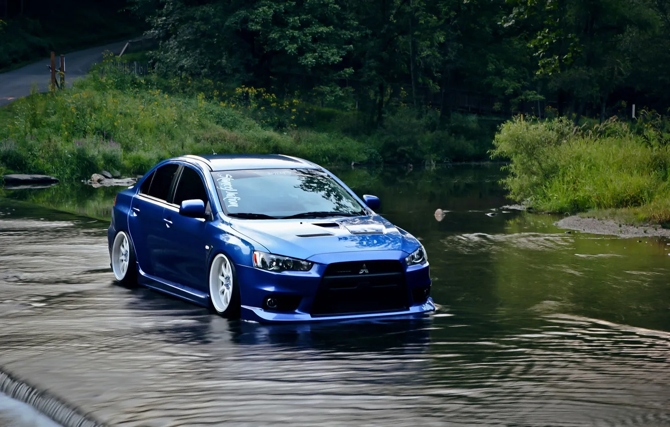 Фото обои вода, синий, Mitsubishi, lancer, evo