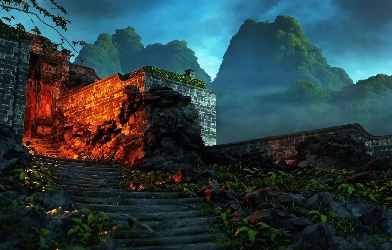 Фото обои горы, растительность, ступени, вход, Path to Cloud Temple