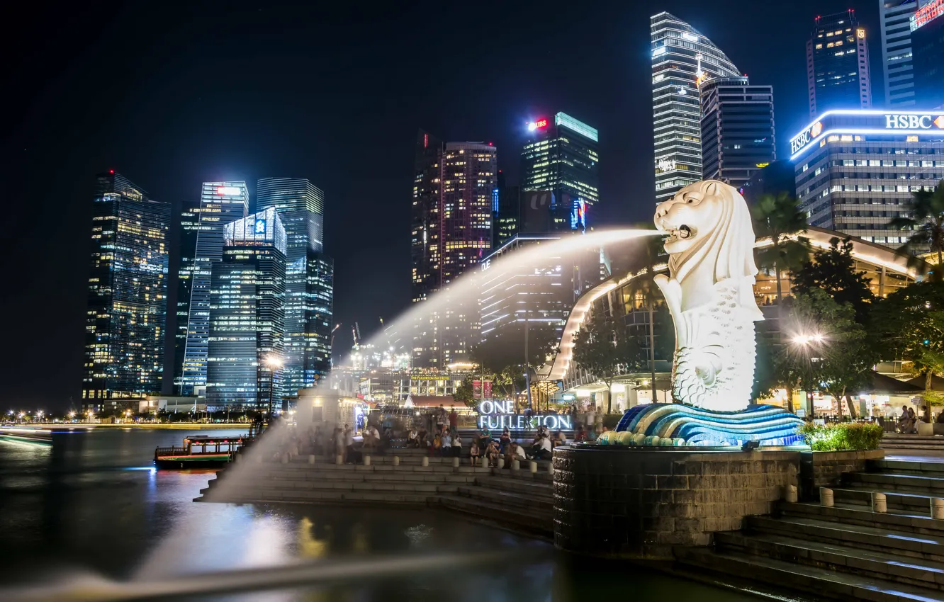Фото обои подсветка, Сингапур, небоскрёбы, мегаполис, фонтаны, Singapore