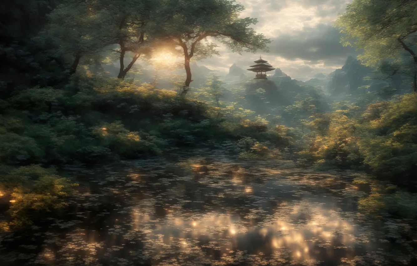 Фото обои forest, landscape, art, lake, digital art, fantasy art, hut, Mount