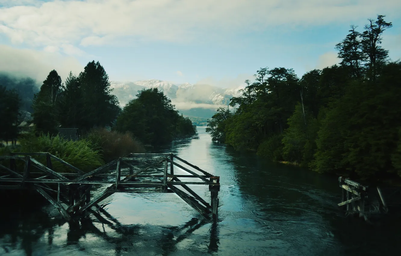 Фото обои лес, горы, река, остатки моста