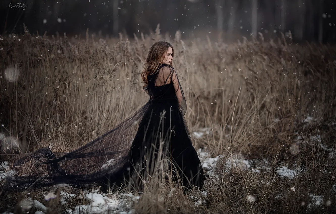 Фото обои девушка, снег, чёрное платье, Анна Шувалова