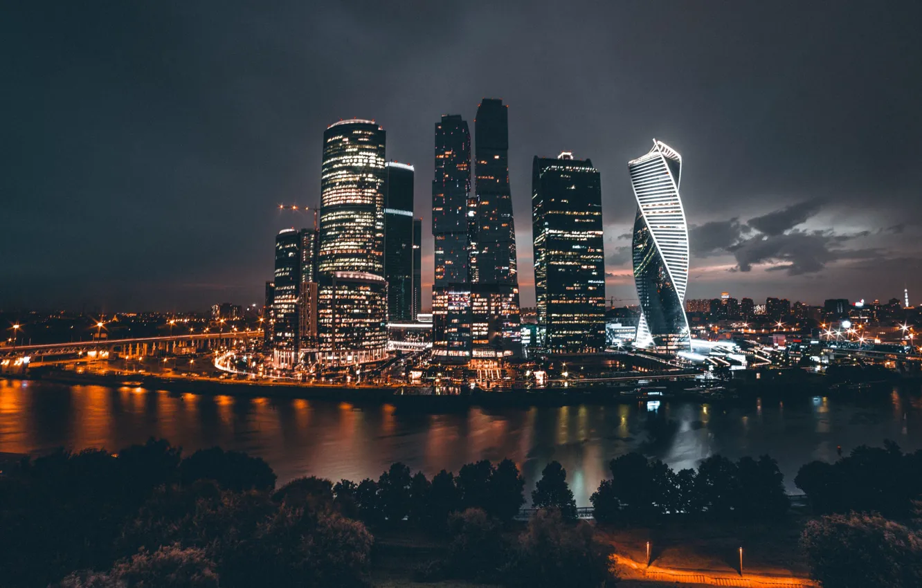 Фото обои ночь, город, огни, Россия, Москва Сити