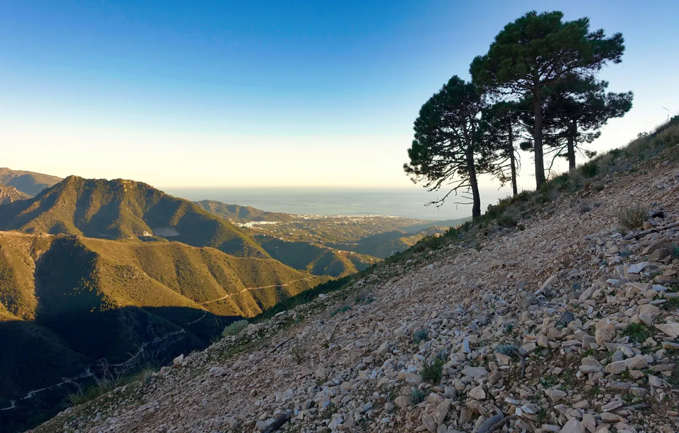 Фото обои море, небо, солнце, деревья, горы, природа, камни, побережье