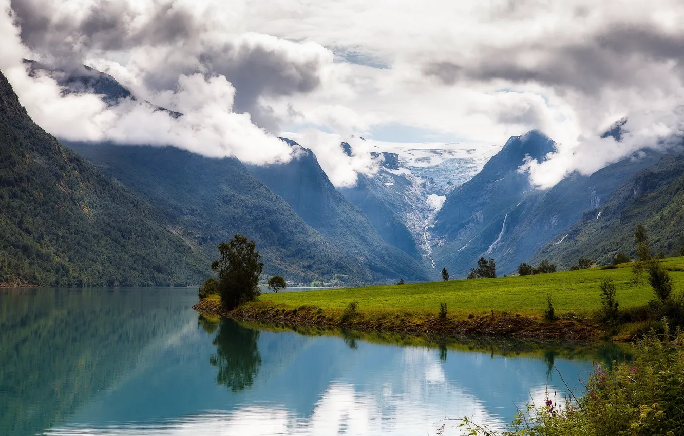 Фото обои облака, горы, луг, Норвегия, Norway, Oldedalen, Nordfjord, Нур-фьорд