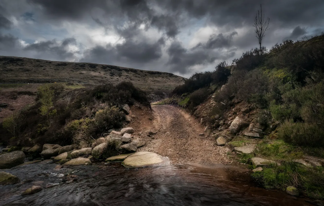 Фото обои дорога, камни, Англия, речка
