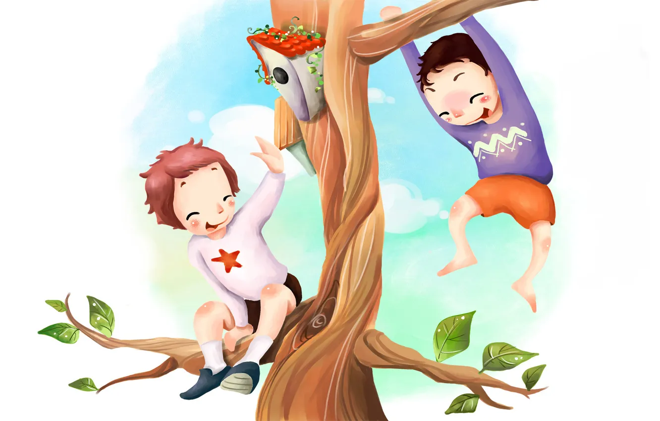Фото обои ветки, дети, дерево, листва, рисунок, скворечник, веселье