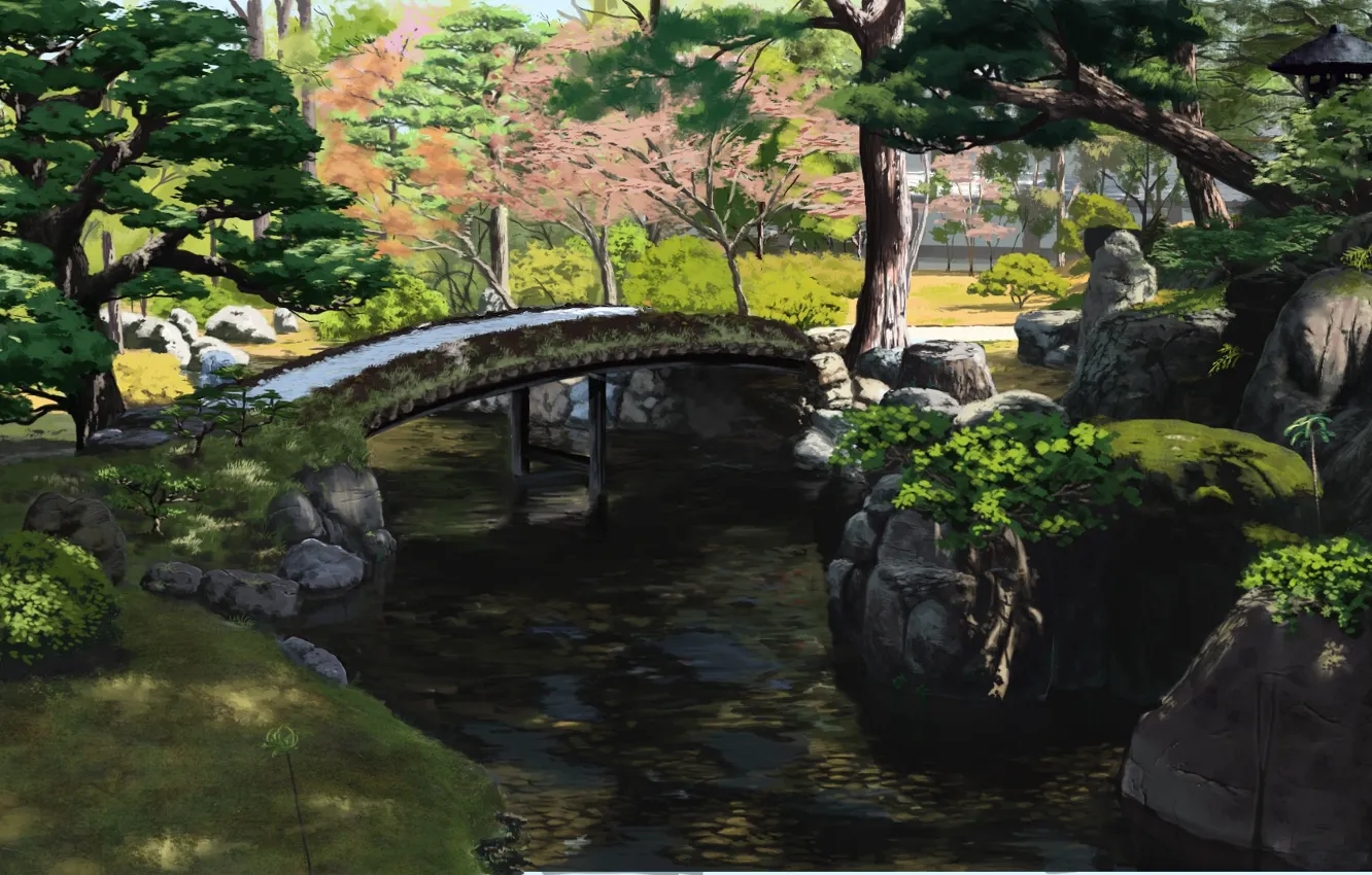 Фото обои парк, ручей, Япония, деревянный мост, зелень листьев, летний день, камни в воде, by Sasaki112