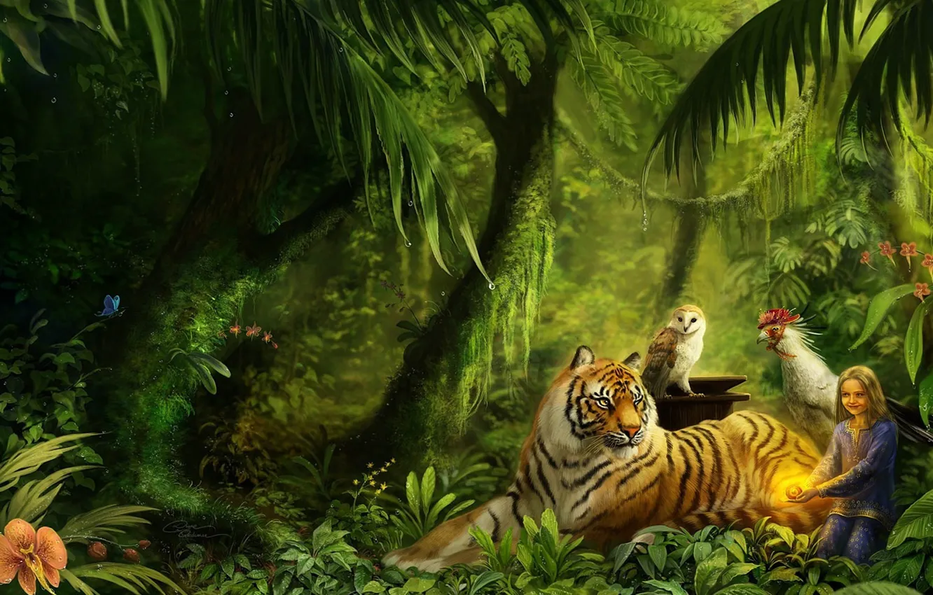 Фото обои животные, тигр, рисунок, красота, джунгли