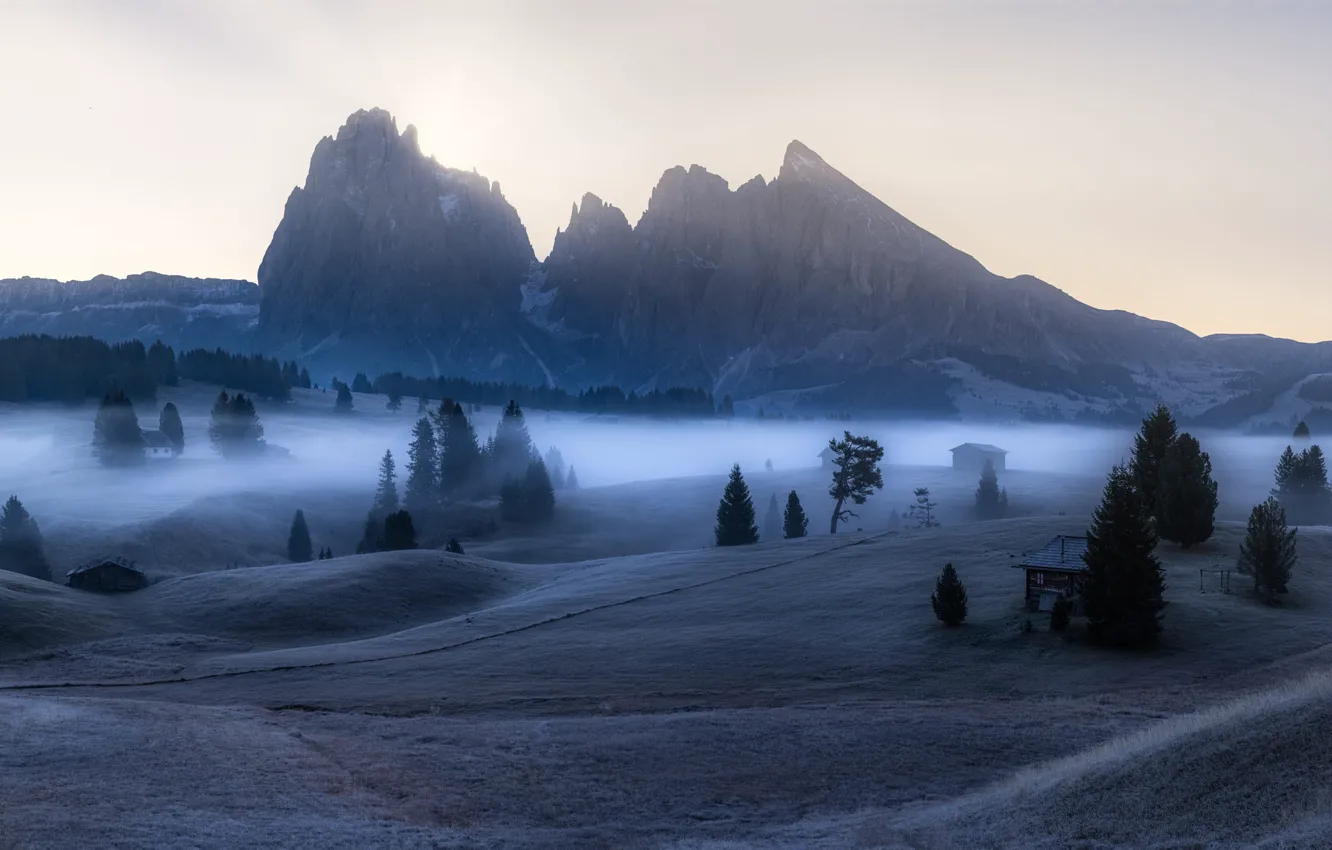 Фото обои горы, ночь, туман, Альпы, домик