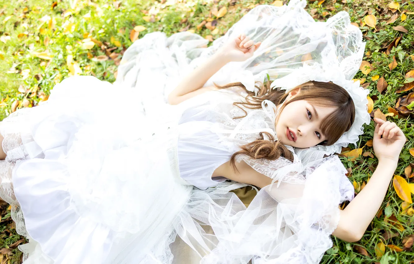 Фото обои Grass, Beautiful, Asian, Model, Woman, Lying Down, Laying, Pretty