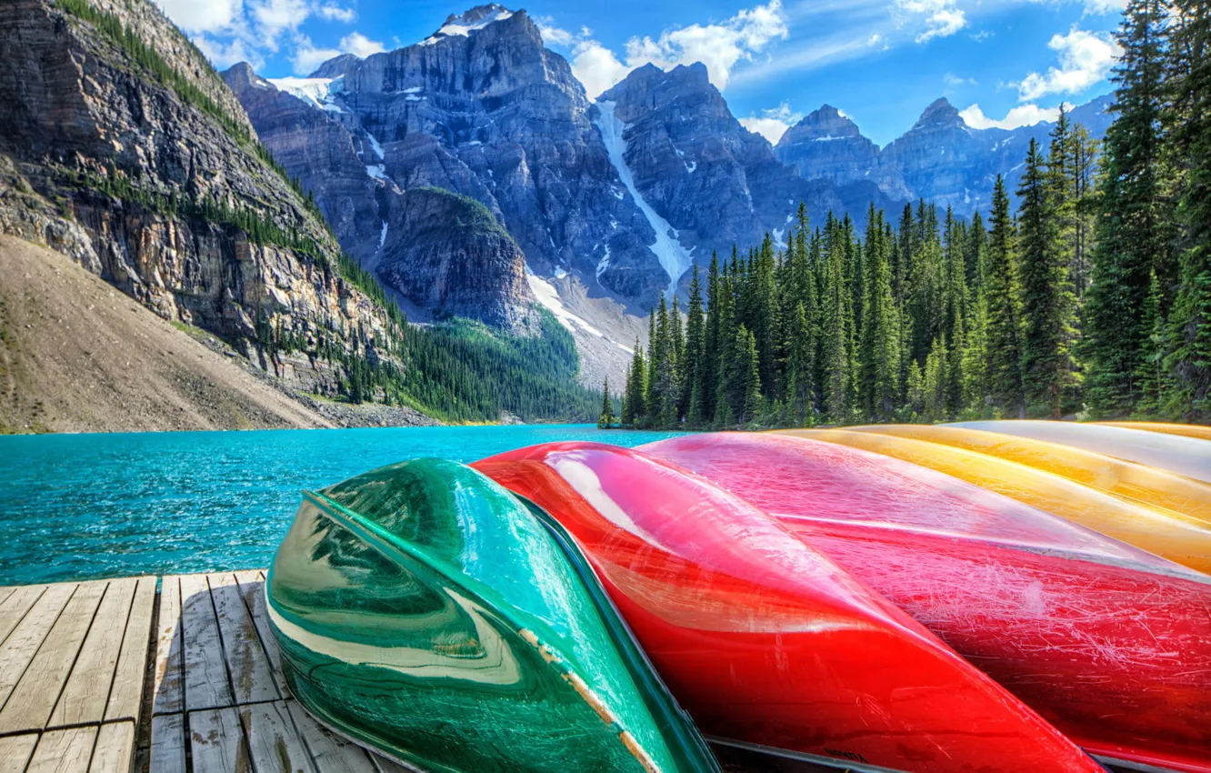 Фото обои лес, горы, озеро, пристань, Канада, каное