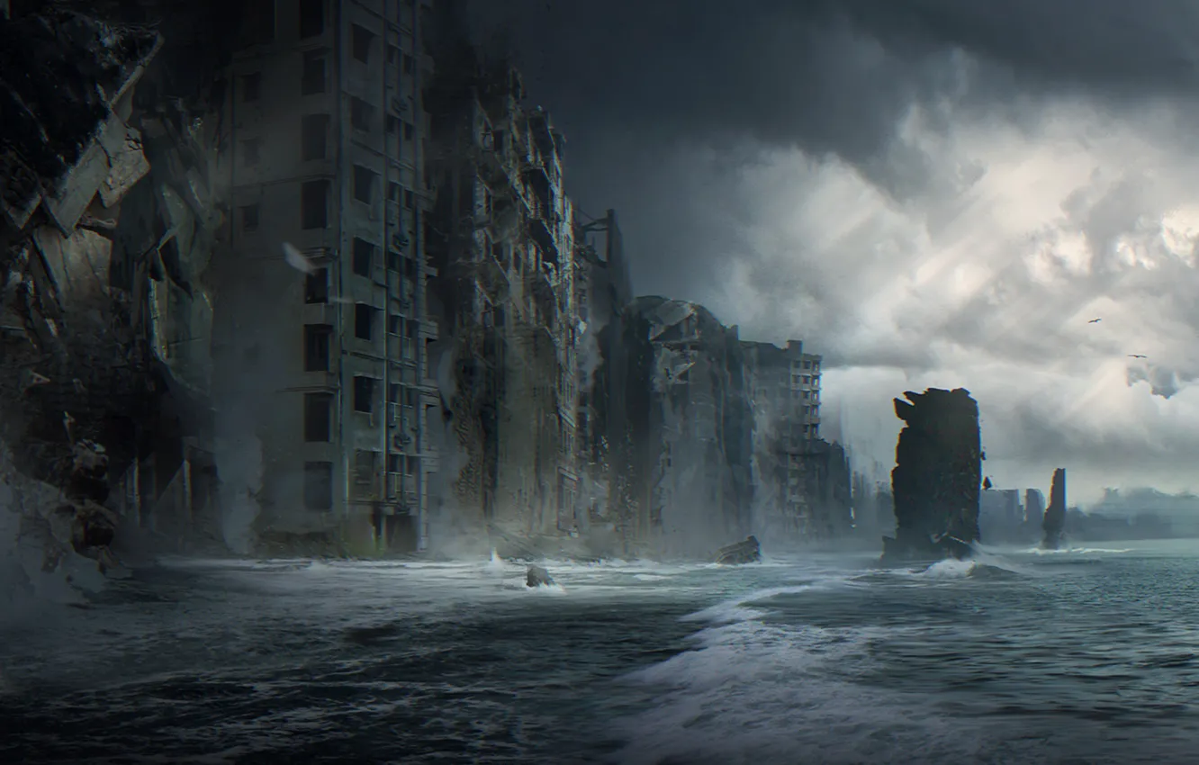 Фото обои море, волны, город, фантастика, дома, разрушение, забвение