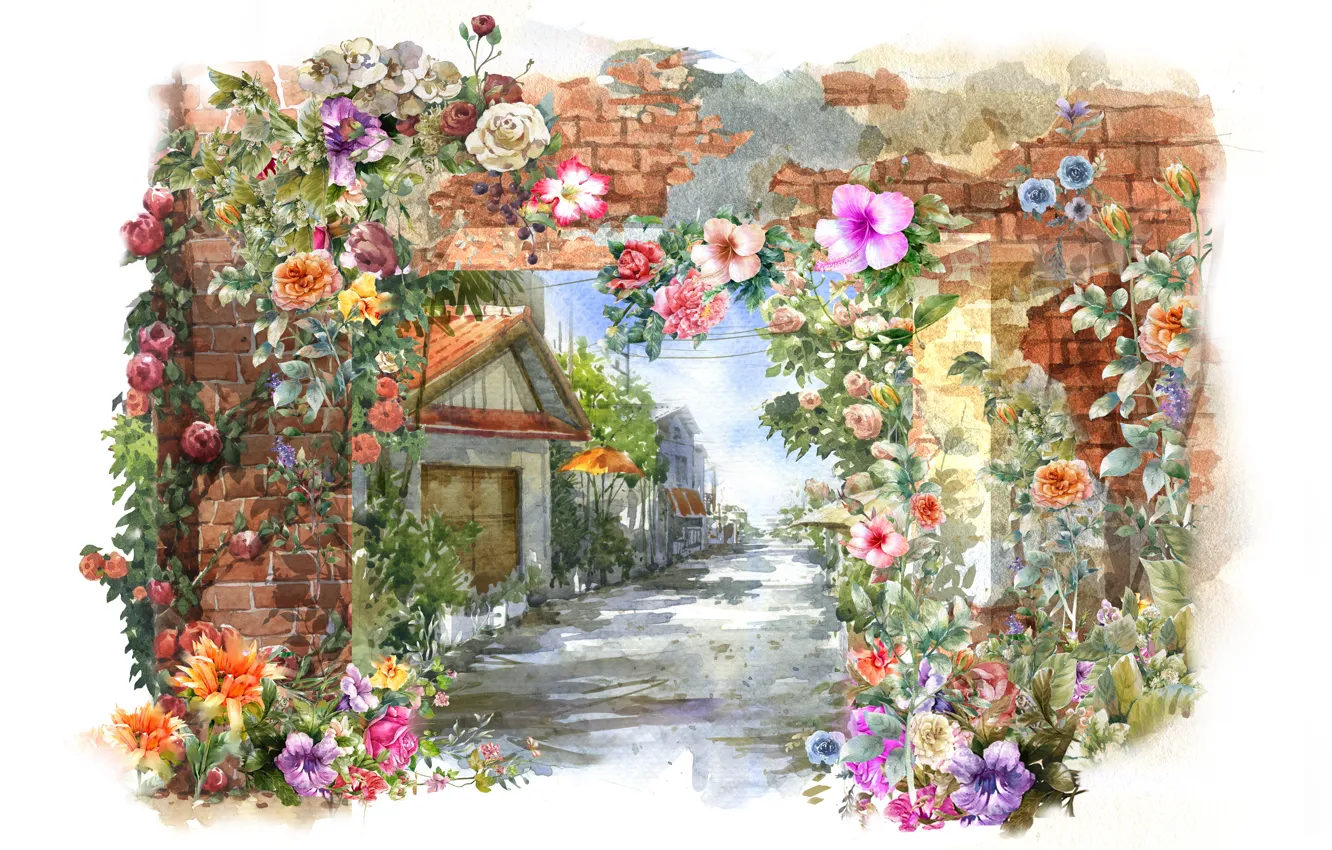 Фото обои цветы, дом, стена, весна, акварель, живопись