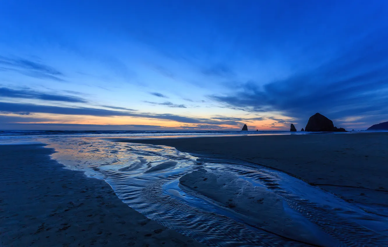 Фото обои пляж, океан, рассвет, сумерки, Oregon, Cannon Beach