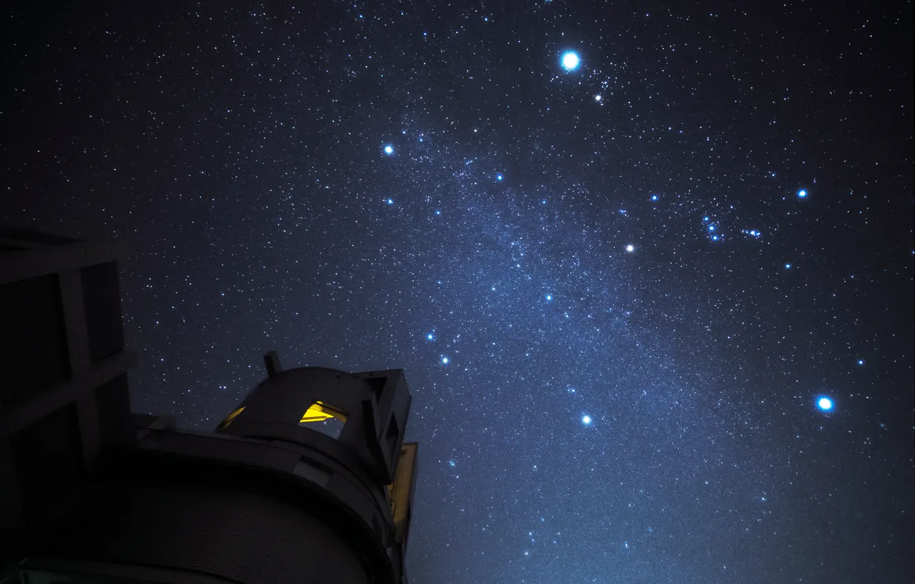 Фото обои небо, звезды, свет, окна, Млечный Путь, телескоп, обсерватория, тайны