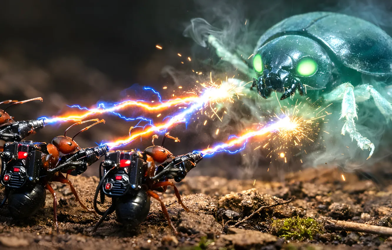 Фото обои МАКРО, ЖУК, ОХОТНИКИ, МУРАВЬИ