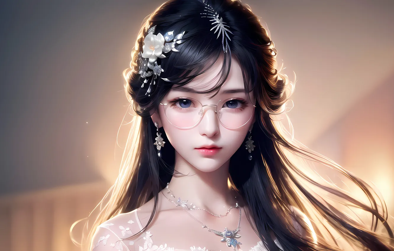 Фото обои украшения, портрет, красавица, азиатка, beauty, боке, в очках, asian