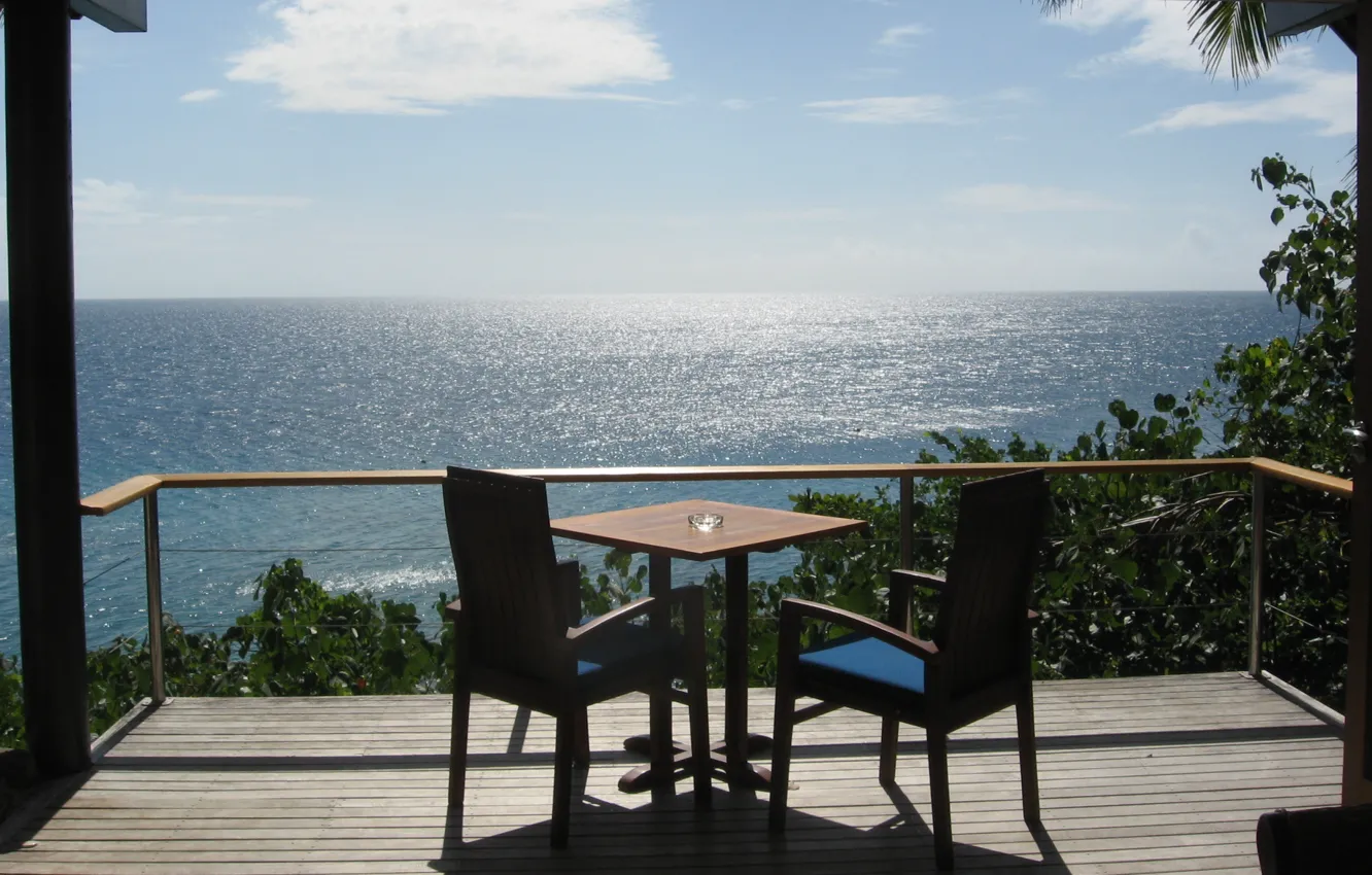 Фото обои стол, стул, вид на море, терраса, table, terrace, chairs, sea view