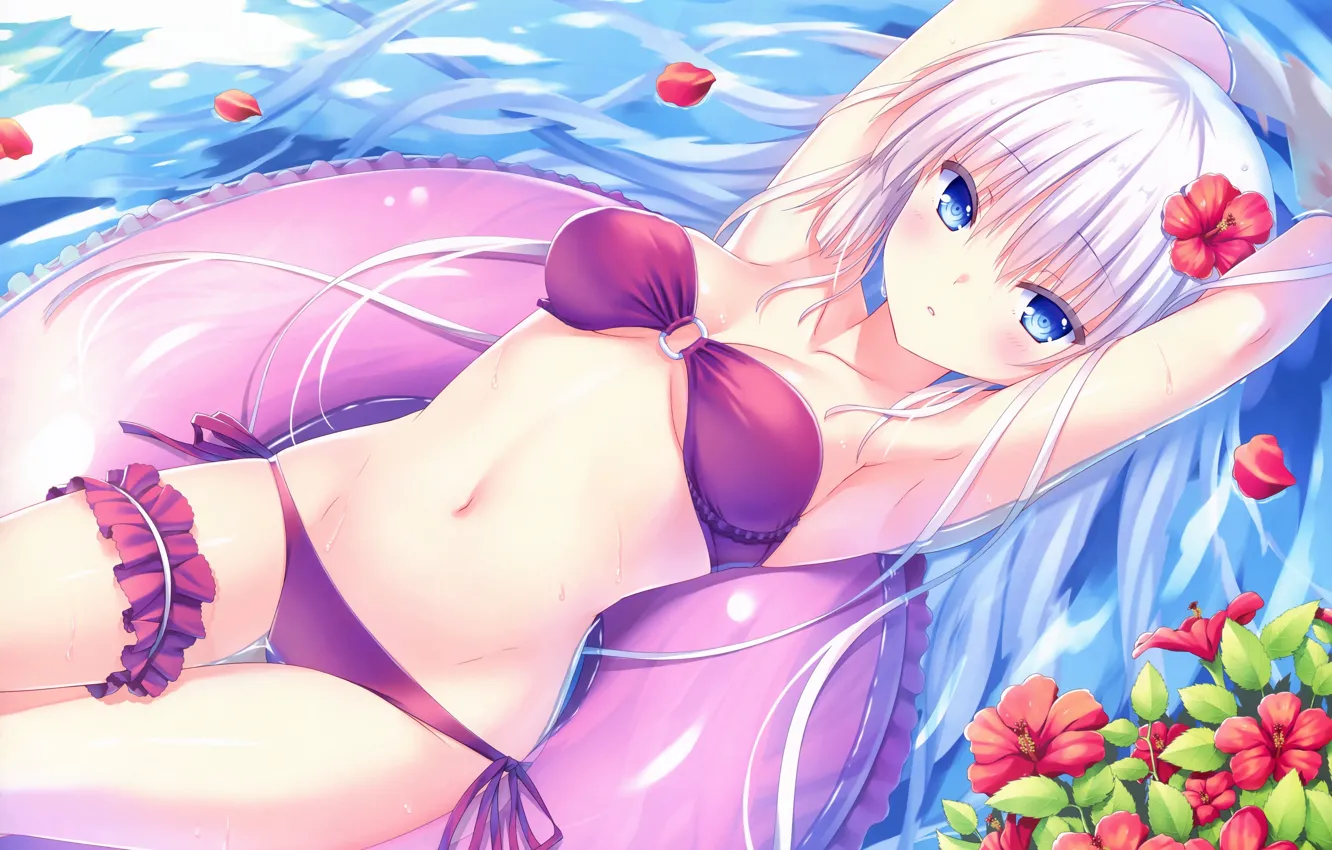 Фото обои girl, sexy, wet, cleavage, long hair, boobs, anime, water