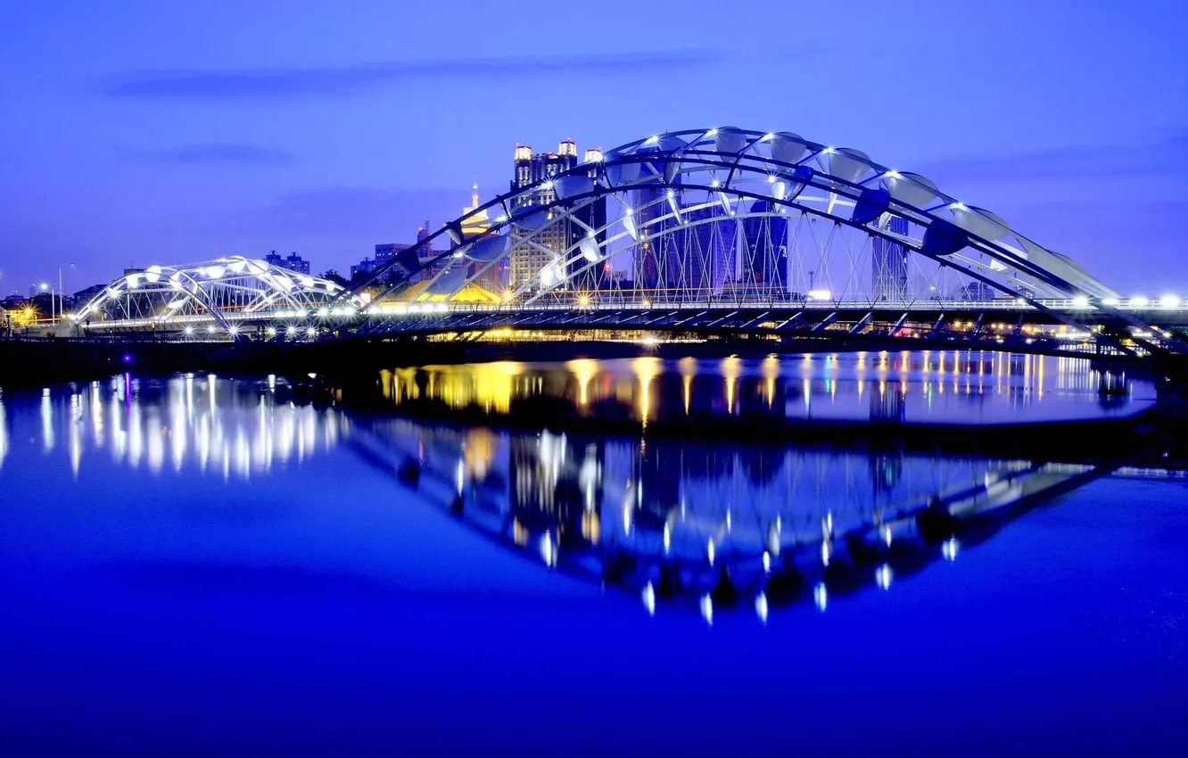 Фото обои ночь, мост, огни, отражение, Город