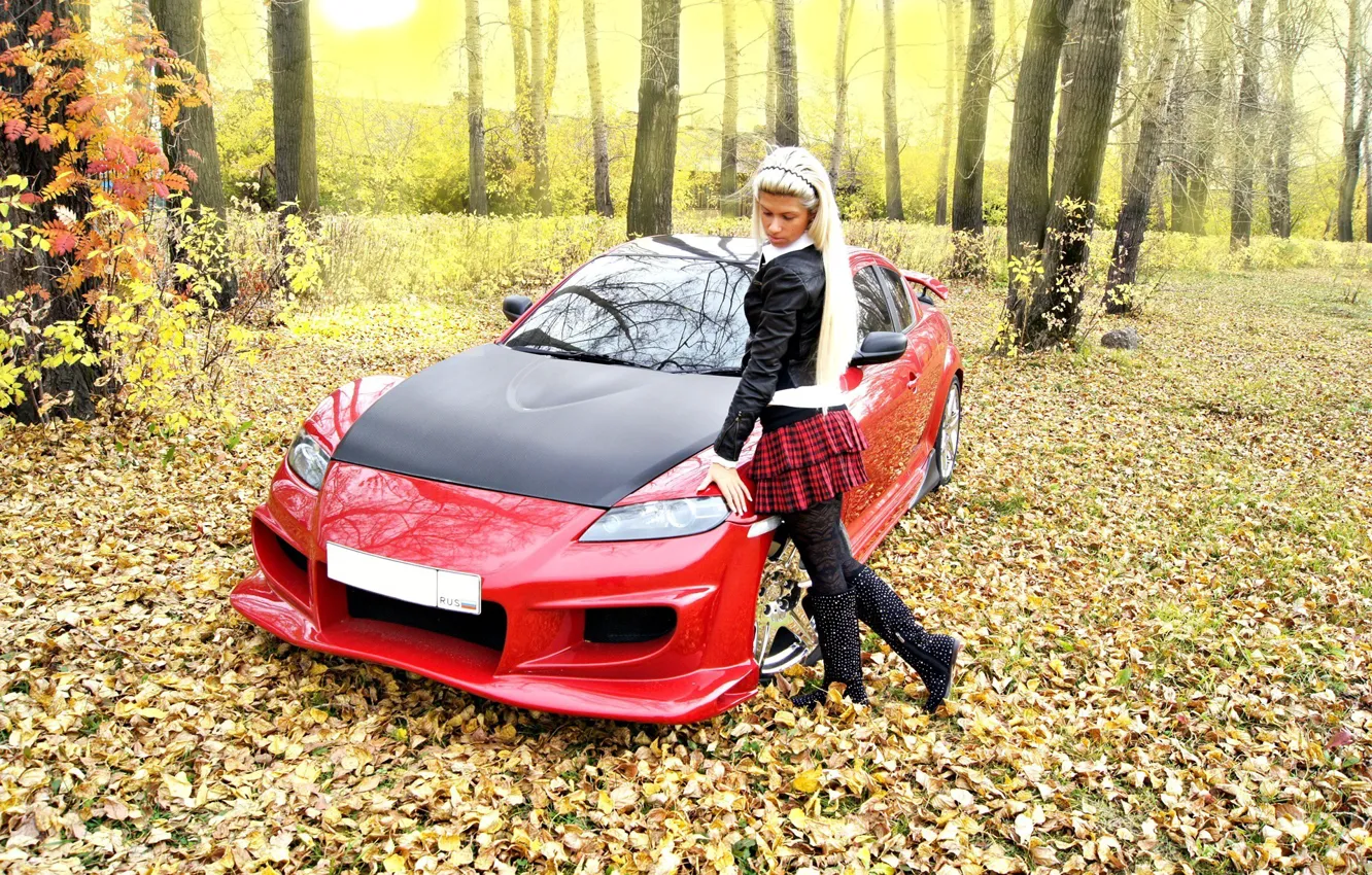 Фото обои осень, листья, девушка, Девушки, Mazda, красный авто