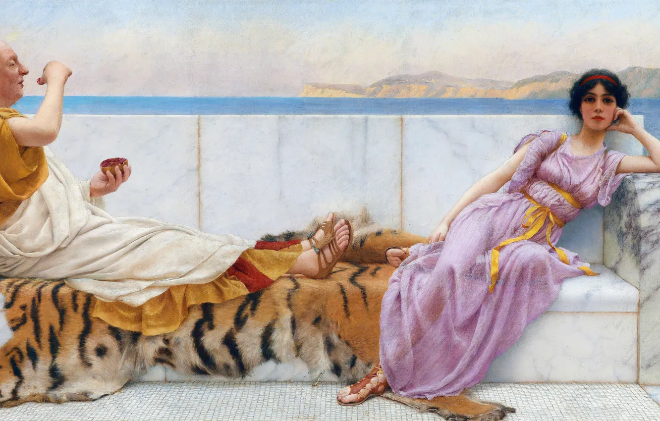 Фото обои Девушка, Картина, Двое, Старик, John William Godward, Джон Уильям Годвард, Восемьдесят и восемнадцать, Английский художник-неоклассицист