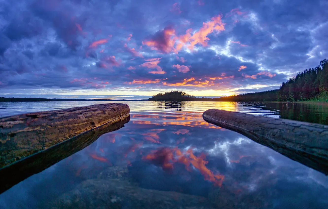Фото обои лес, небо, закат, озеро, Финляндия, Finland, Озеро Кариярви, Karijärvi Lake