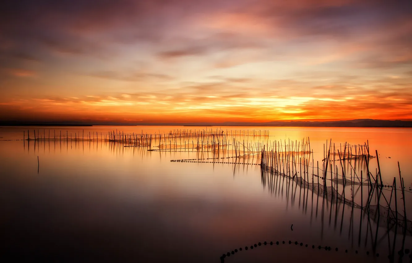 Фото обои sunset, lake, fishing with nets