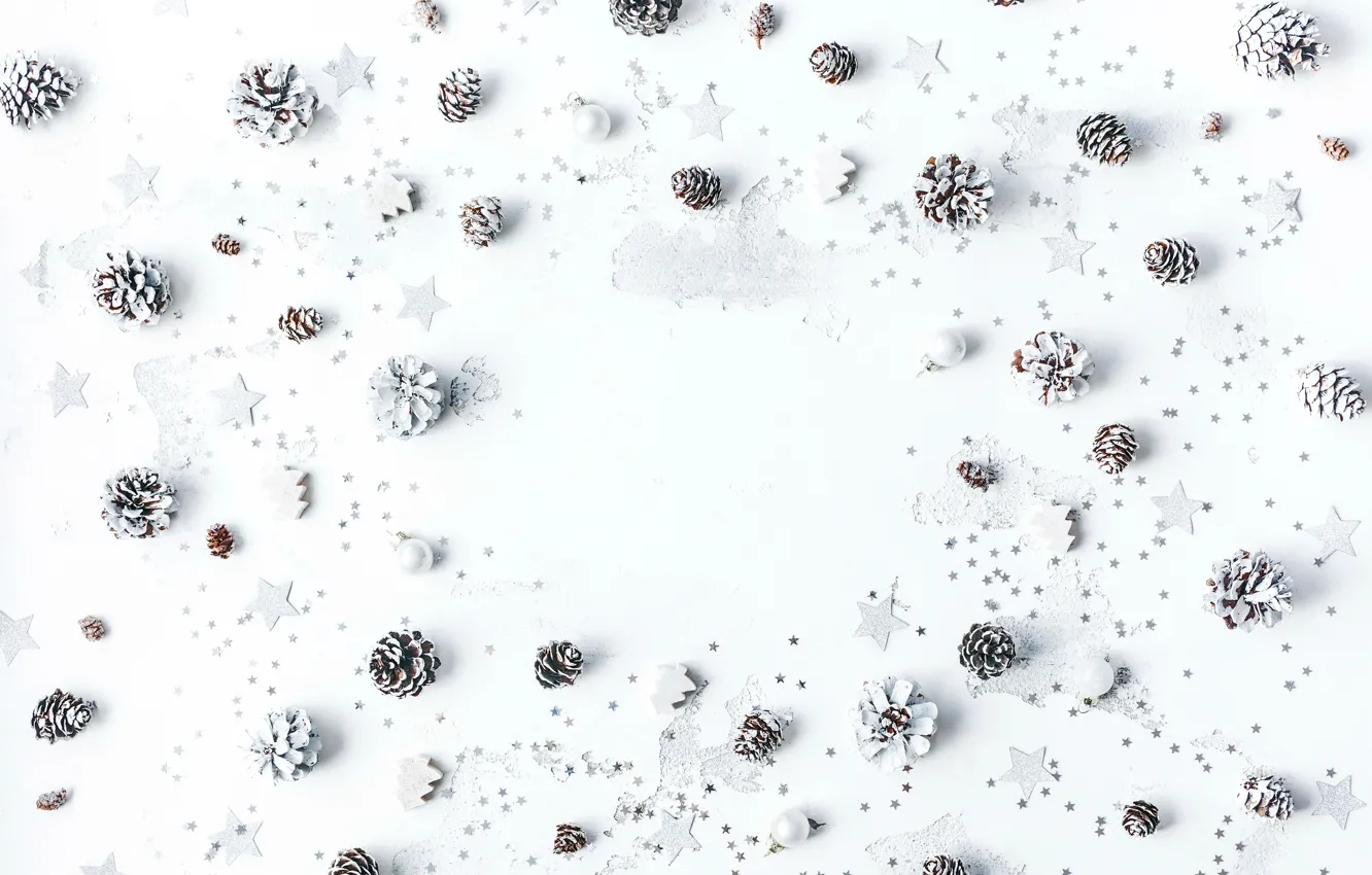 Фото обои Новый Год, Рождество, silver, white, Christmas, шишки, Merry Christmas, Xmas