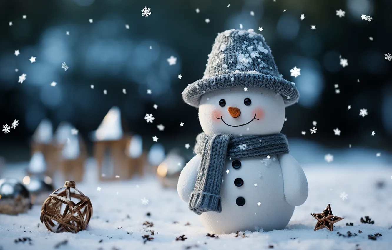 Фото обои зима, снег, украшения, снежинки, Новый Год, Рождество, снеговик, new year