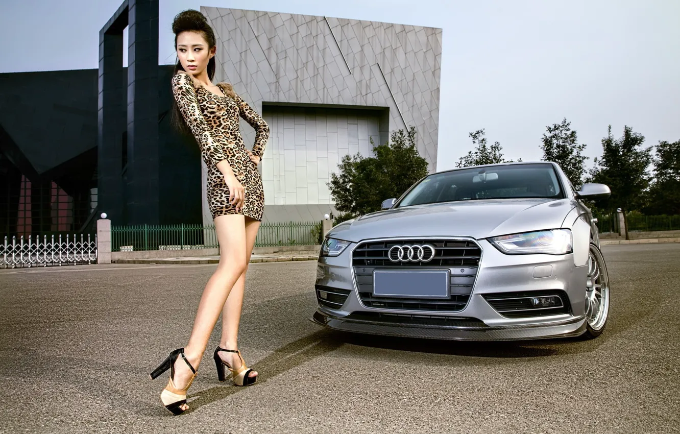 Фото обои взгляд, девушка, Audi, Девушки, платье, азиатка, серебристый авто