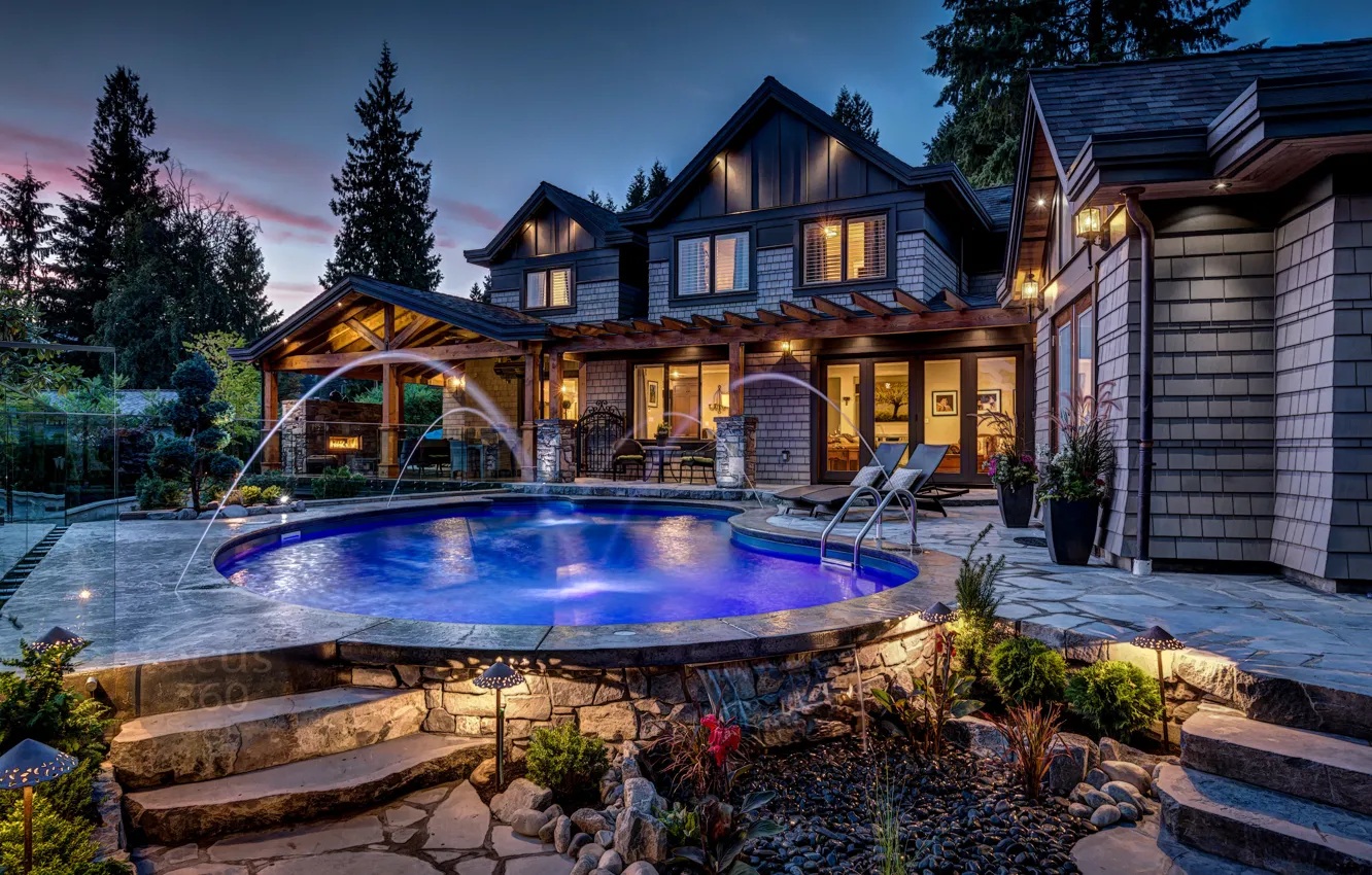Фото обои дома, красота, бассейн, подсветка