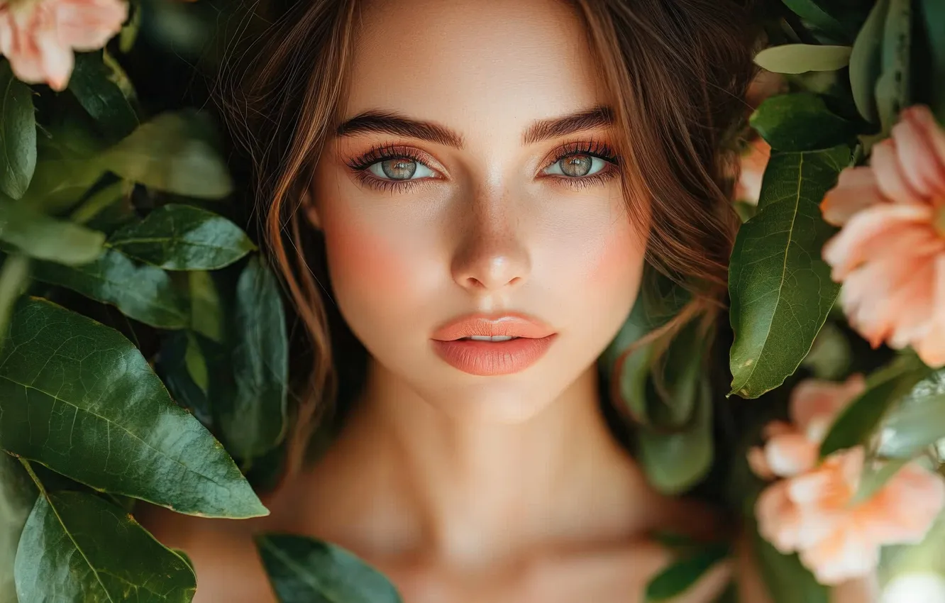 Фото обои взгляд, листья, девушка, цветы, лицо, портрет, сад, шатенка