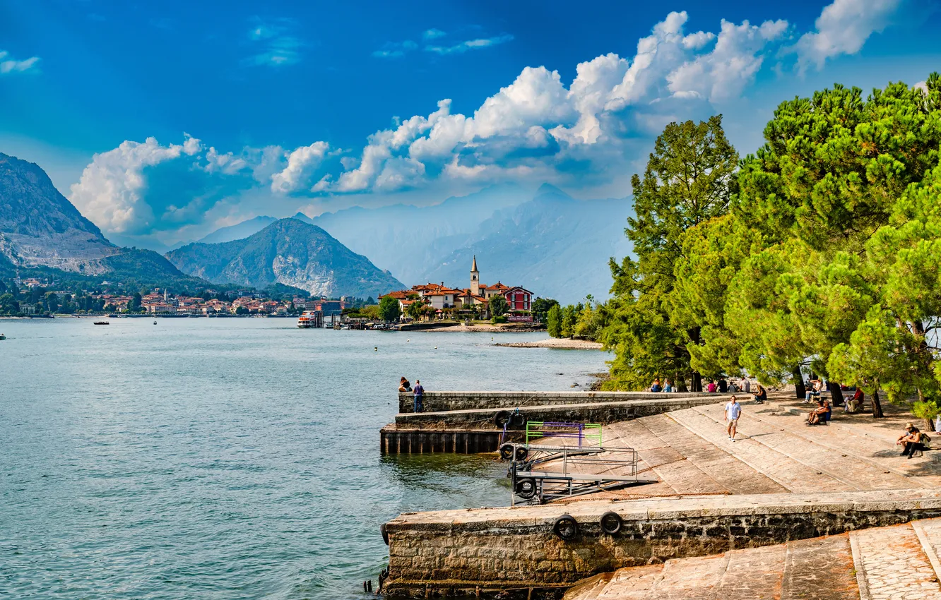 Фото обои Горы, Озеро, Набережная, Италия, Lago Maggiore
