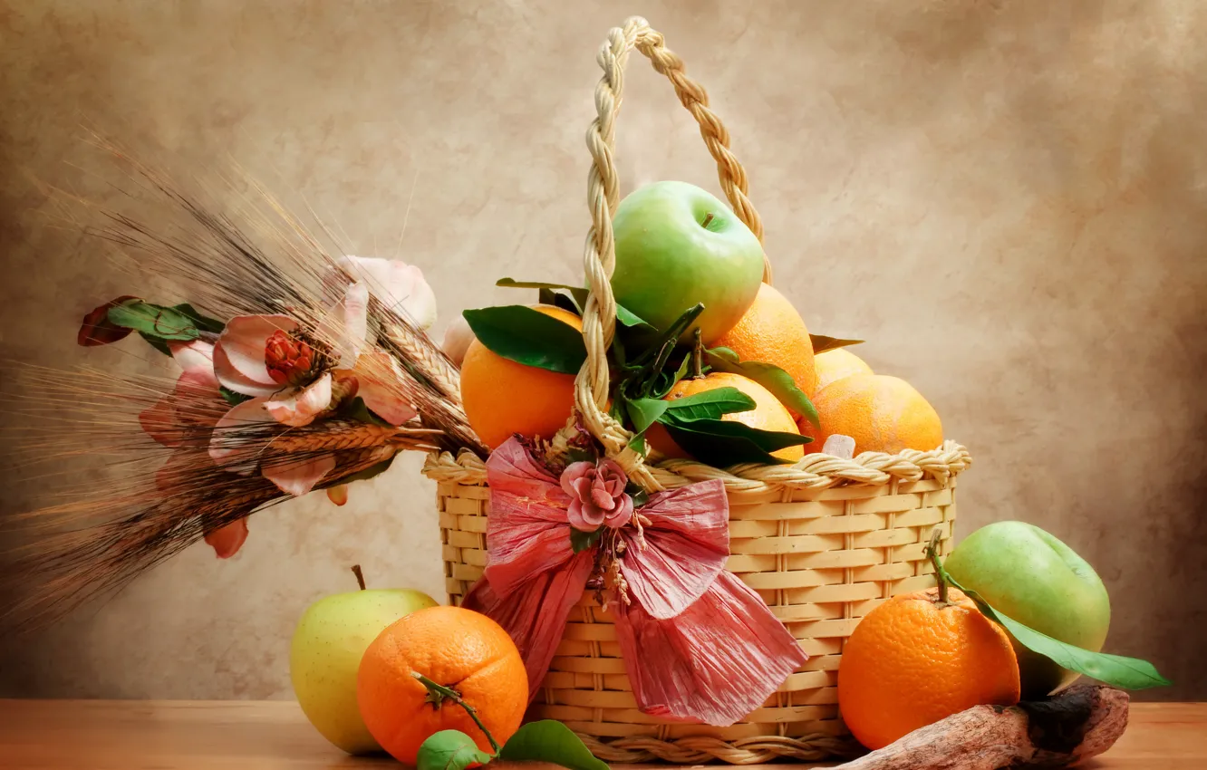 Фото обои корзина, яблоки, апельсины, натюрморт